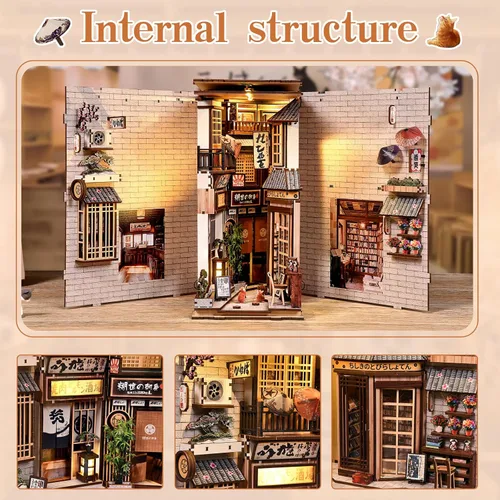 Vista 4 de Kit de rincón de libros, rompecabezas de madera 3D con luz LED, modelo de casa en miniatura de callejón callejón japonés, decoración creativa
