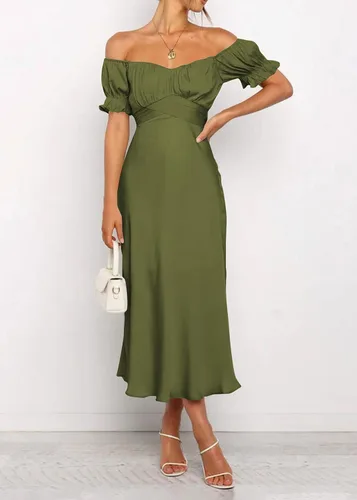 Vista 4 de KIRUNDO Vestido midi de satén para mujer, con hombros descubiertos, fruncido, fruncido, para boda, fiesta, cóctel, formal, 2023