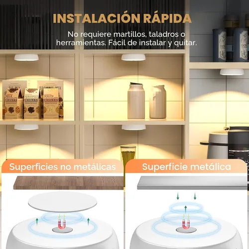 Vista 5 de Luces LED de color cálido para armario, luz de disco con sensor de movimiento, luces de paso de disco recargables por USB, iluminación regulable