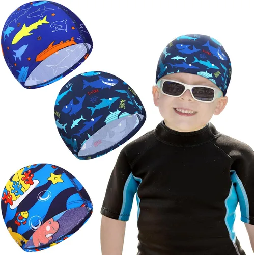 Vista 7 de Geyoga Gorros de natación para niños, 3 piezas, unisex, de poliéster, para piscina, gorra de verano para niños y niñas, pelo largo y corto