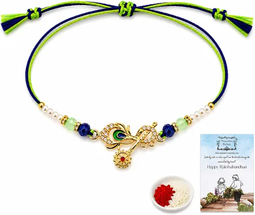 Vista 13 de Rakhi adulto Rakhi para hermano: Rakhi para Bhaiya: combo de mauli Rakhi hecho a mano con tarjeta de felicitación y Roli Chawal: Rakshabandhan