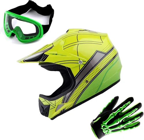Vista 9 de WOW Casco de motocross juvenil MX BMX, casco de bicicleta negro araña + gafas + guante negro esqueleto K-Negro mate