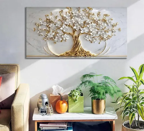 Vista 5 de Lienzo decorativo para pared, diseño de árbol de la vida, flores blancas y doradas, cuadro de paisaje natural, póster impreso, para sala de estar