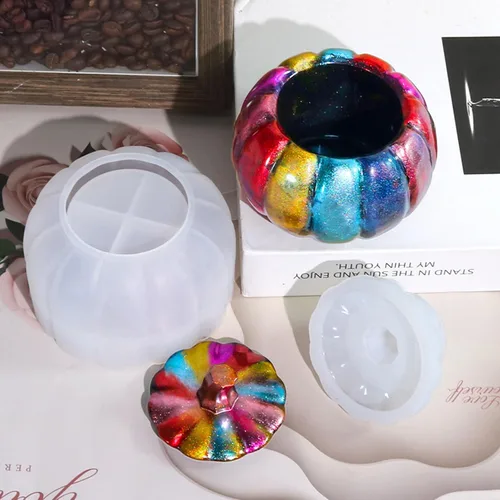 Vista 2 de Molde de tarro de resina de calabaza con tapa, molde de silicona para manualidades de bricolaje de resina epoxi, caja de joyería, contenedor