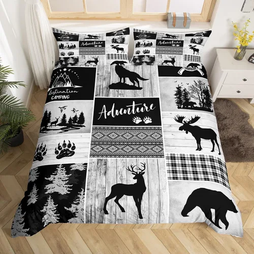 Vista 34 de Juego de funda de edredón para niños de ciervo, oso, lobo, tamaño individual, juego de ropa de cama de cabaña de aventura para niños, niñas