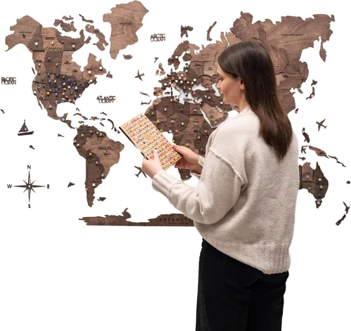 Vista 13 de Arte de pared de madera 3D con mapa del mundo (tamaño pequeño, multicolor)