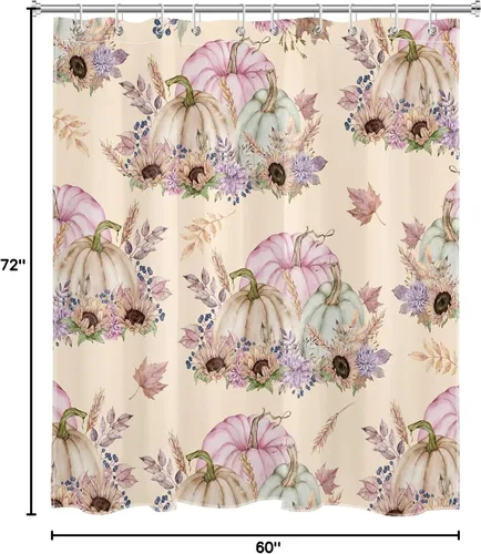 Vista 6 de LB Cortina de ducha de calabaza otoñal, calabaza en acuarela rosa con girasol sobre fondo beige, cortina de ducha de cosecha de otoño, decoración
