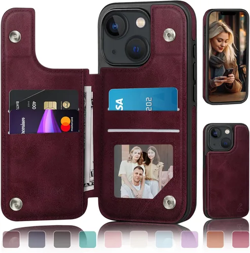 Vista 13 de DJDUCK Funda diseñada para iPhone 13 con tarjetero y cierre magnético, protección de cuero con bloqueo RFID, a prueba de golpes, para mujeres