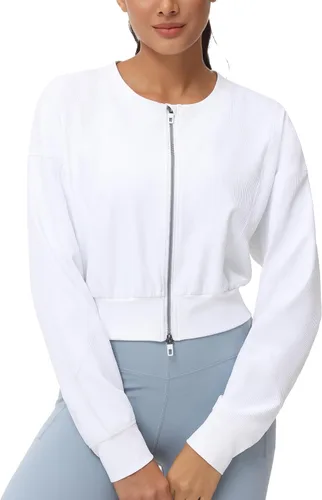 Vista 4 de THE GYM PEOPLE Chaquetas cortas para mujer, con cremallera completa, manga larga, acanaladas, sudaderas de entrenamiento, ligeras, casuales