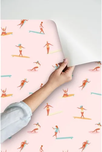 Vista 3 de Despegar y pegar papel tapiz Swatch - Chicas Surfers Rosa Surfing Girl Sport Hawaii Retro Ocean Nautical Beach Papel pintado personalizado extraíble