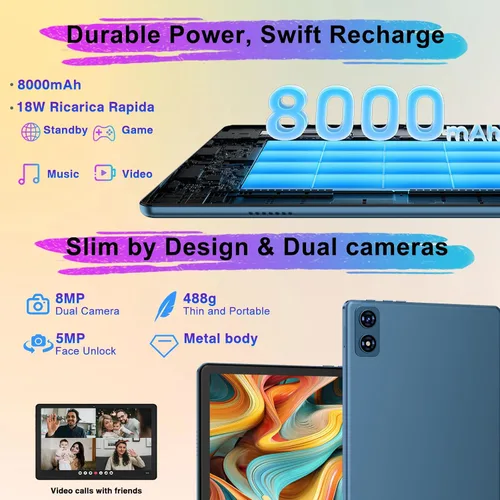 Vista 4 de 2025 Tablet Android 14 de 10 pulgadas, 22 GB RAM + 128 GB ROM/1 TB de expansión, batería de 8000 mAh, Octa-Core, pantalla IPS HD de 1280 * 800