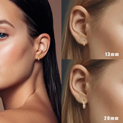 Vista 5 de FIBO STEEL Aretes de aro pequeños de acero inoxidable de 0.512 in y 0.787 in para hombres y mujeres, aretes Huggie con incrustaciones de circonita