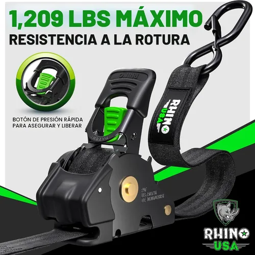 Vista 2 de Rhino USA Correas de trinquete retráctiles (paquete de 2) – 1 pulgada x 10 pies (1,209 libras de resistencia a la rotura) – Correas de amarre auto