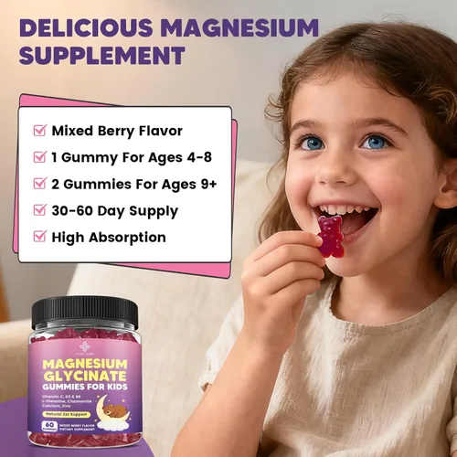 Vista 7 de Gomitas de magnesio para niños, gomitas de glicinato de magnesio 400 mg/200 mg con L-teanina, manzanilla, vitamina B6, D3 para niños, relajación