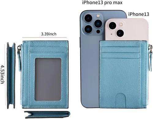 Vista 6 de Cartera delgada para mujer, pequeña cartera de cuero con bloqueo RFID, tarjetero minimalista con bolsillo frontal con monederos y bolsas, Azul