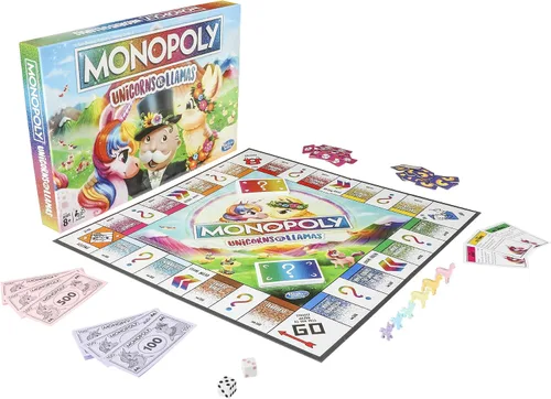 Vista 2 de Monopoly Juego de mesa Unicornios contra Llamas para edades de 8 años en adelante, juega en el equipo unicornio o llama del