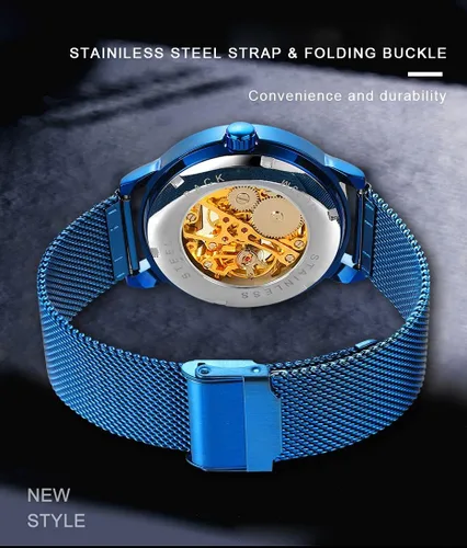 Vista 6 de Dentily Reloj de esqueleto para hombre clásico con número romano Steampunk Reloj mecánico Relojes de viento para hombre (azul)