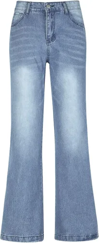 Vista 4 de Jeans casuales de pierna ancha para mujer, pantalones largos de mezclilla de cintura alta, pantalones holgados de moda con bolsillos, Azul oscuro