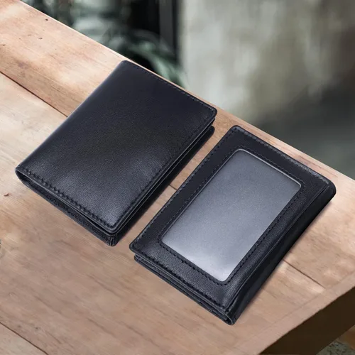 Vista 18 de Bolsillo frontal con bloqueo RFID, minimalista, delgado, de cuero, plegable, para tarjeta de crédito, con ventana de identificación