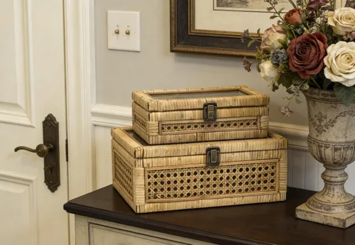 Vista 9 de HUAXIN CRAFT H Caja decorativa de ratán con tapa, rectangular tejida con vidrio para exhibición, juego de 2 mimbre para decoración