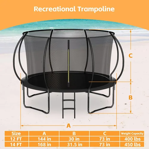 Vista 7 de Zevemomo Trampolín para niños y adultos, trampolín recreativo para niños de 14 pies con red de seguridad y escalera, trampolines recreativos al aire