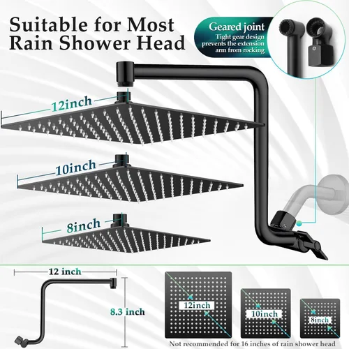 Vista 6 de Brazo de extensión de cabezal de ducha tipo lluvia, brazo de extensión de ducha de metal de 12 pulgadas, extensor de cabezal de ducha curvado