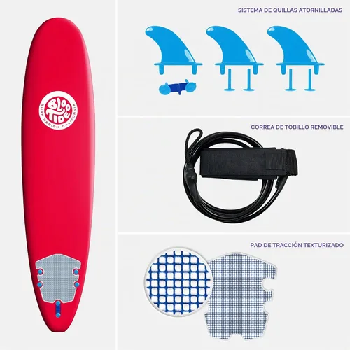 Vista 6 de Bloo Tide Tabla de surf de 8 pies con parte superior suave roja con diseño de Wavizm azul gráfico inferior