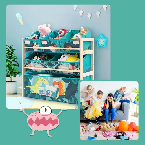 Vista 5 de Jomifin Organizador de almacenamiento de juguetes para niños con 6 cubos grandes de almacenamiento para juguetes, estante de juguetes de madera