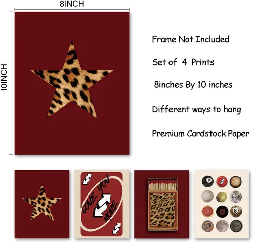 Vista 6 de KDHTY Juego de 4 Impresiones Artísticas de Pared Retro Rojas de Moda, Pósters de Arte de Pared Funky Retro Y2K Leopardo Caja de Cerillas Estrella