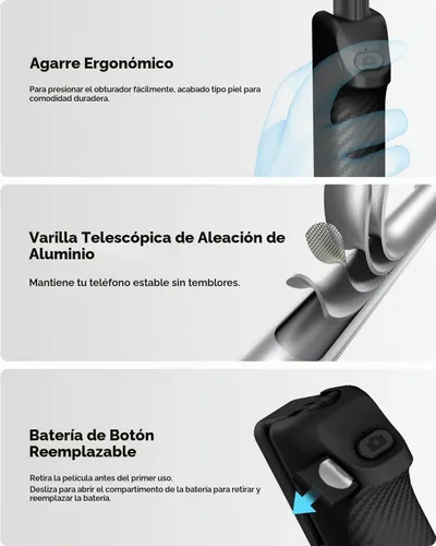Vista 6 de Viozon Palo selfie inalámbrico de aleación de aluminio, ligero, extensible, de bolsillo, con control remoto, compacto para selfie de viaje Negro