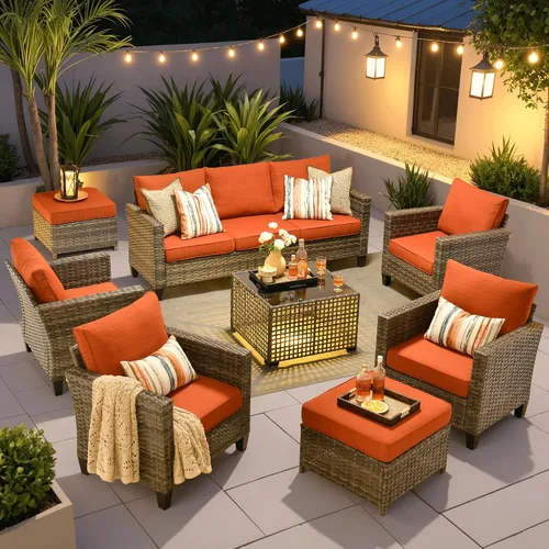 Vista 10 de ovios Juego de muebles de patio de 4 piezas con sofá de exterior, luces solares, mesa, cojines cómodos, sofá de conversación de mimbre de ratán
