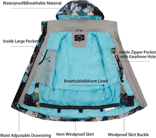 Vista 5 de Chaqueta de esquí para mujer, abrigo de nieve impermeable, resistente al viento, chaqueta de snowboard aislada, con capucha, invierno cálido