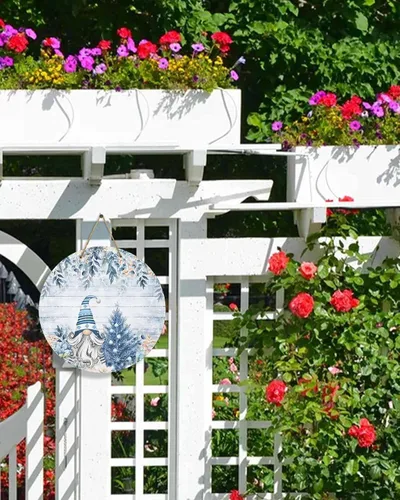 Vista 6 de Seasonal Front Door Welcome Sign, Merry Christmas Tree Gnomes Poinsettia Berry Eucalyptus Leaves Vintage Round Wood Wreaths Wall Hanging Sign for