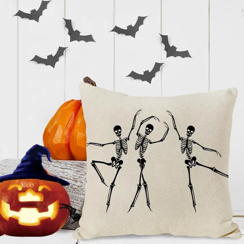 Vista 5 de JOOCAR Fundas de almohada de calavera de Halloween, diseño de esqueleto, divertida funda de cojín para sofá, decoración del hogar, 16 x 16 pulgadas