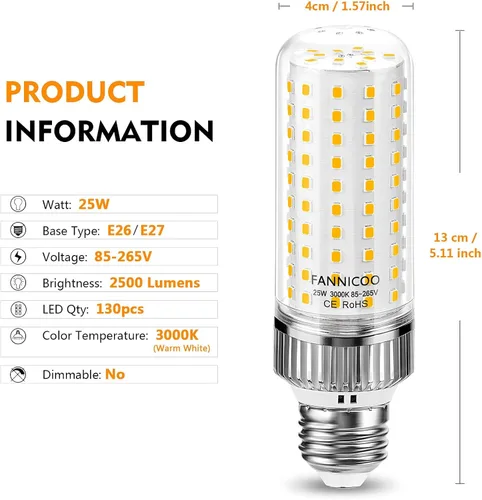 Vista 6 de Bombilla LED E26, luz de maíz de 25 W, equivalente a 200 W, 3000 K, blanco cálido, 2500 lúmenes, no regulable, sin parpadeo, para ventilador