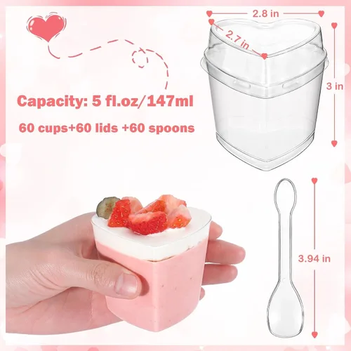 Vista 3 de Paquete de 60 tazas de postre con tapas y cucharas, 5 onzas de plástico transparente en forma de corazón para aperitivos, tazas de parfait
