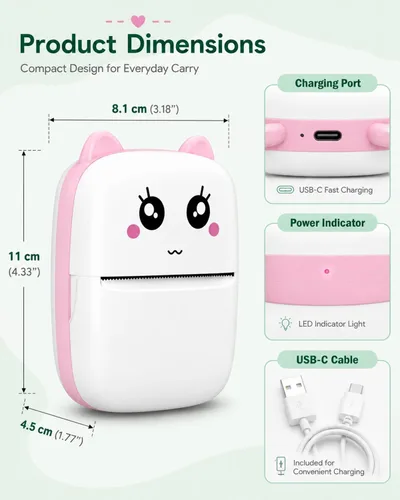 Vista 2 de Mini impresora de calcomanías con 11 rollos de papel, impresora térmica portátil sin tinta Bluetooth con aplicación AI para iPhone y Android