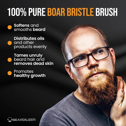 Vista 3 de Beardilizer Kit de cepillo para barba, cepillo de cerdas de jabalí 100% puro, peine de madera de lujo y 2 tijeras para bigote, aseo y cuidado