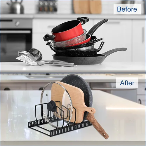 Vista 6 de Toplife Estante organizador de más de 7 tapas de olla + estante organizador resistente de 5 niveles para sartenes de hierro fundido, planchas y ollas