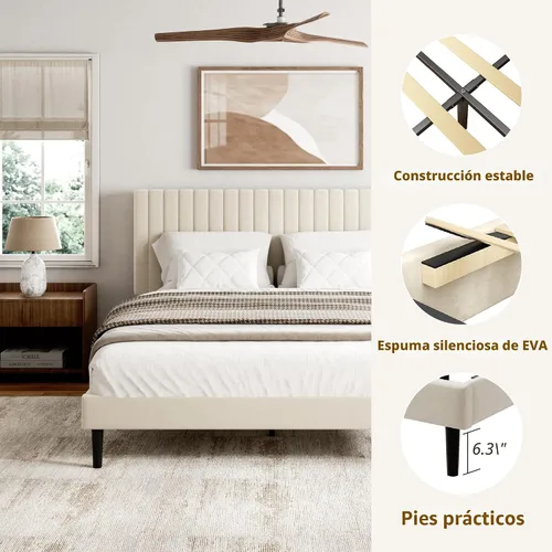 Vista 5 de Sismplly Armazón de cama tamaño completo con cabecera tapizada en terciopelo, cama de plataforma con listones de madera resistentes, base