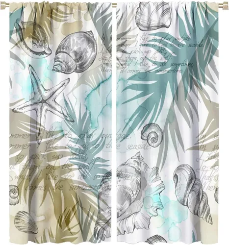 Vista 25 de JESTRONRY Cortina de playa azul y blanca con diseño de estrella de mar y conchas marinas con aislamiento térmico, para oscurecer la habitación, 2