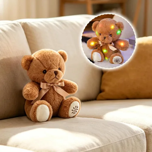 Vista 7 de BSTAOFY Oso de peluche con luz marrón, oso de peluche brillante, juguete de peluche suave para niñas y niños, regalos de cumpleaños, 8 pulgadas