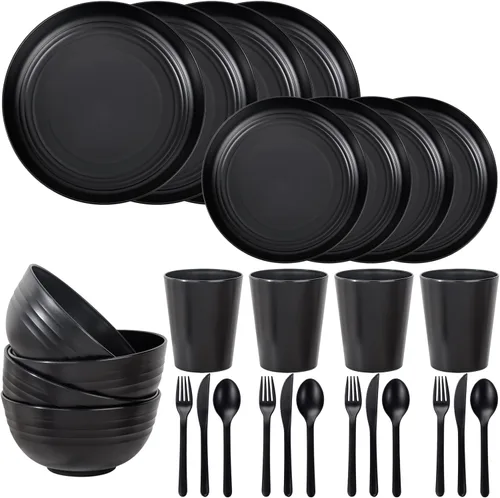 Vista 13 de LIYH 16 Piezas Juego de Vajilla de Paja de Trigo Beige - Platos de Cena Crema Irrompibles, para 4 Platos y Cuencos, Juego de Vajilla de Plástico