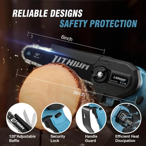 Vista 5 de Mini motosierra inalámbrica de 6 pulgadas con 2 baterías alimentada por 40V sierra eléctrica de cadena con bloqueo de seguridad, motosierra pequeña