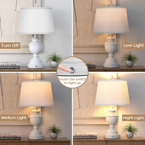 Vista 3 de Juego de 2 lámparas de mesa, lámpara moderna de mesita de noche estilo granja con puertos USB, control táctil regulable de 3 vías, lámparas de Blanco