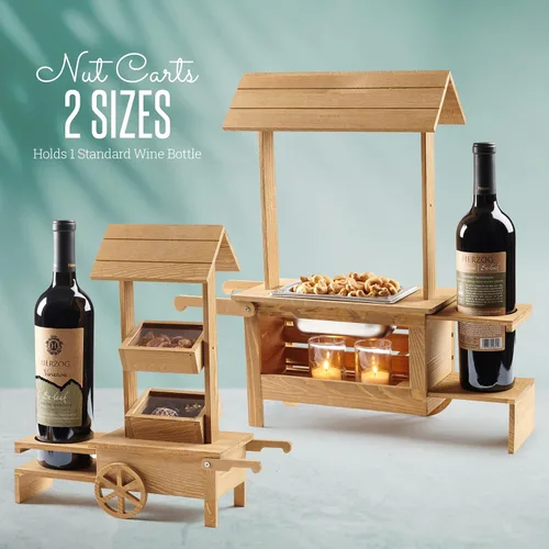 Vista 8 de Soporte para botellas de vino con bandeja para servir aperitivos, carrito de madera de mesa para dulces y calentador de nueces con capacidad para 1
