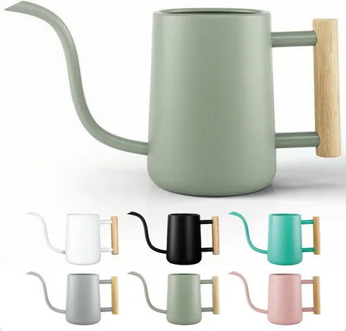 Vista 10 de Regadera de metal de 35 onzas, pequeña para interior, con boquilla larga y mango de madera real para plantas de casa, suculentas, cactus y plántulas