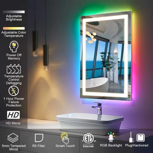 Vista 2 de Espejo LED para baño, espejo rectangular LED HD con 8 colores retroiluminados regulables + 3 colores frontales, control táctil, antivaho, función