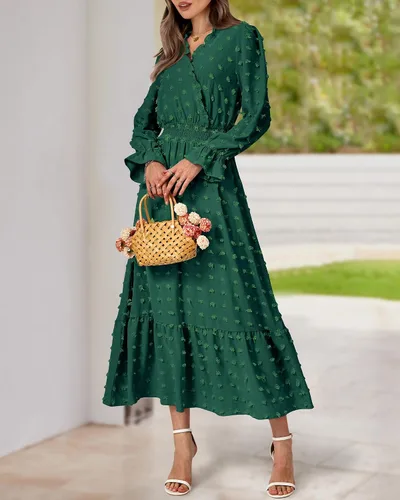Vista 4 de BTFBM Vestidos de otoño 2023 para mujer, manga larga, cuello en V, lunares suizos, vestido largo bohemio, vestido largo de cintura alta, vestido