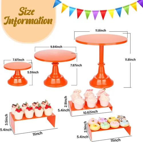 Vista 7 de Juego de 6 soportes para tartas, soportes de metal naranja para fiestas, mesa de postres, soporte redondo de 3 tamaños para tartas con soportes